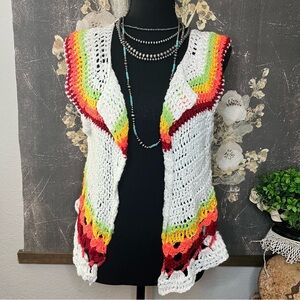 Handmade Hippie Boho White Red Orange Stripe Crochet Open Front Vest Blouse Sz S